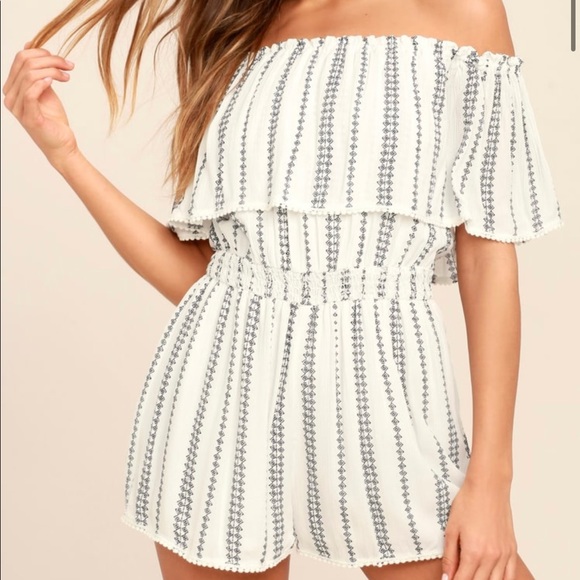 Lulus Other - Lulu’s See Ya There White Print Off-the-Shoulder Romper